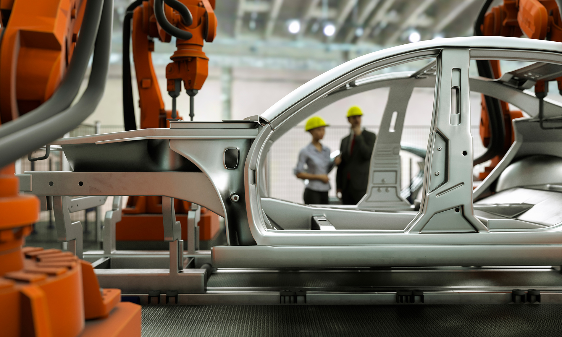 Automotive body frame on an assembly line with robotic arms, highlighting reshoring opportunities and increased demand for plastic components in U.S. auto manufacturing.